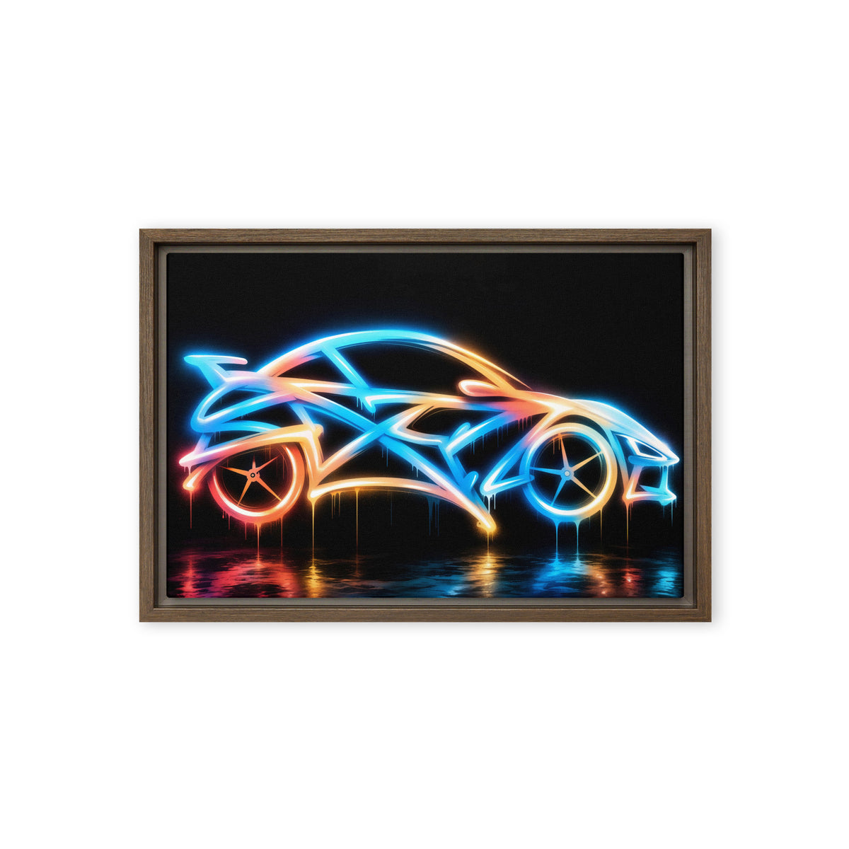 Neon blue sports car with pink and orange graffiti accents on black, shown in a brown frame, 12 x 18 inch option