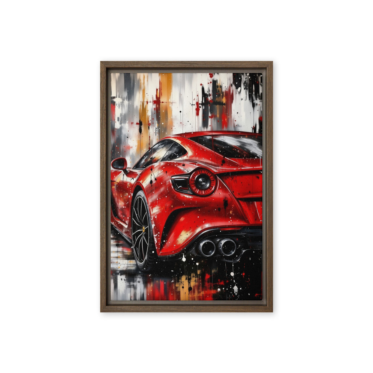 Red sports car with black, white and ochre street-art brushwork, 12 x 18 inch canvas in a brown frame
