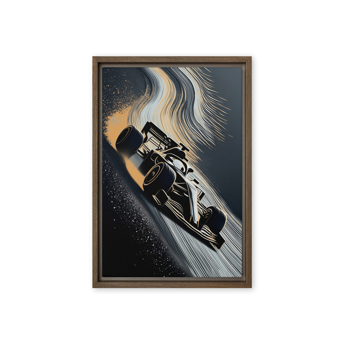 A black open-wheel racing car cuts diagonally through white and gold-toned sweeping lines; front view in a brown frame, 12 x 18 in canvas