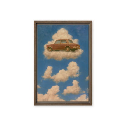 A rust-brown vintage sedan floats on a cream cloud in a blue sky; front view in a brown frame, 12 x 18 in canvas