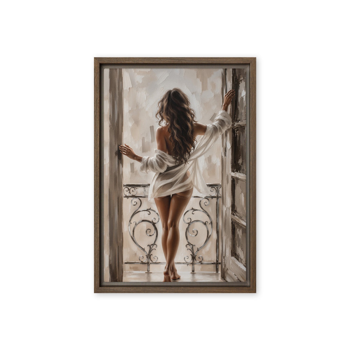 A brunette woman seen from behind stands at an open balcony doorway in a loosely draped white shirt; front view in a brown frame, 12 x 18 in canvas