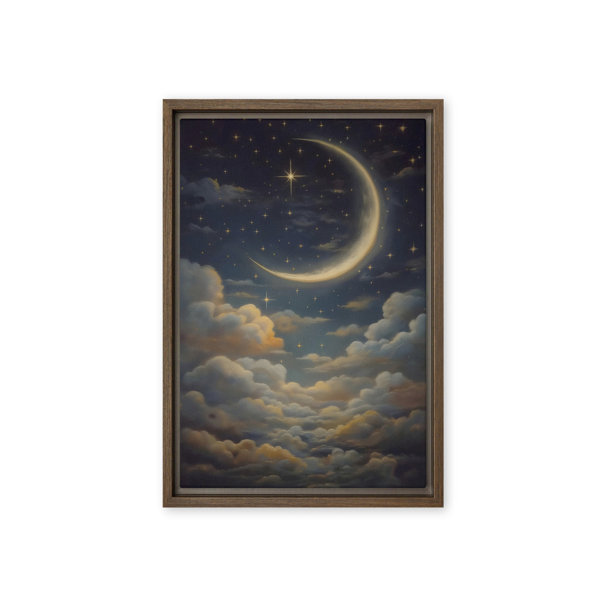 A golden crescent moon and small stars hang above layered clouds in a midnight-blue sky; front view in a brown frame, 12 x 18 in canvas