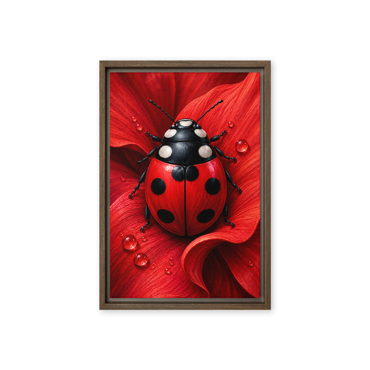 A red and black ladybug rests on a curled red flower petal dotted with water droplets; front view in a brown frame, 12 x 18 in canvas