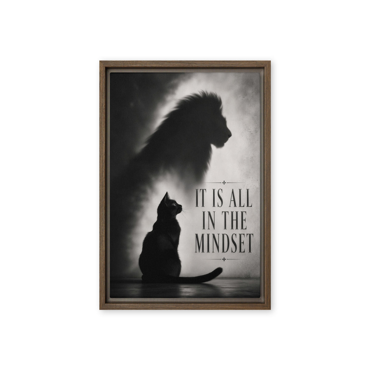A sitting black cat casts a large lion-shaped shadow beside the words It Is All in the Mindset; front view in a brown frame, 12 x 18 in canvas