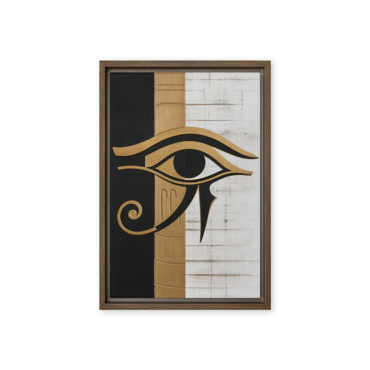 A black and gold-toned Eye of Horus crosses vertical black, gold and white panels; front view in a brown frame, 12 x 18 in canvas
