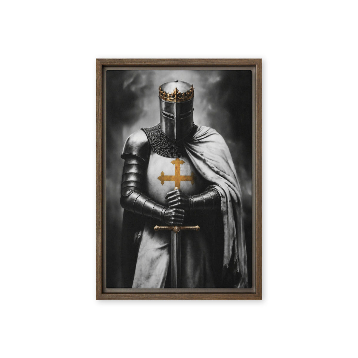 A crowned knight in dark armour, a white cloak and a gold cross holds an upright sword; front view in a brown frame, 12 x 18 in canvas