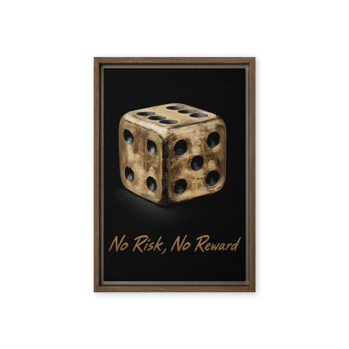 Gold-toned die and No Risk, No Reward lettering on black, brown frame front view, 12″×18″ nominal width by height