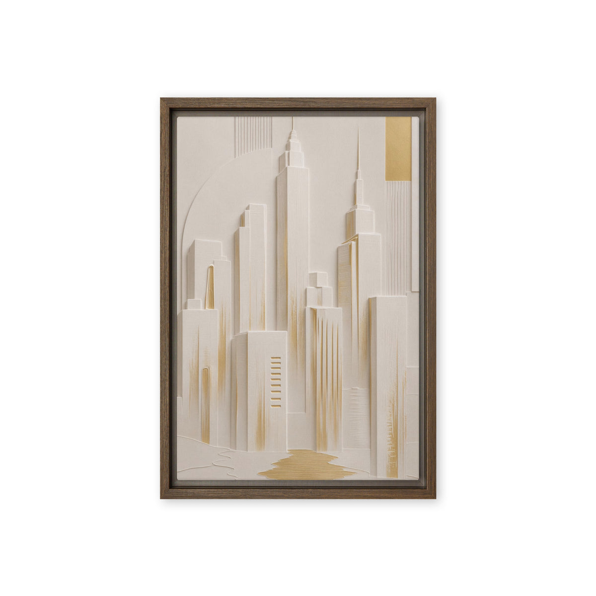 Stylised ivory Manhattan skyline with slender towers, pale shadows and gold-coloured accents, brown frame, 12″×18″ front view
