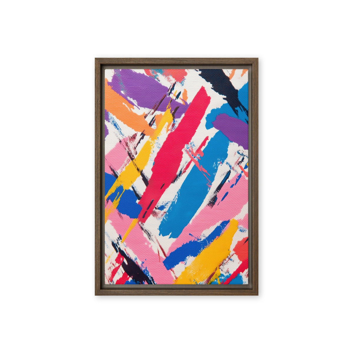 Overlapping pink, blue, red, yellow and purple diagonal brushstrokes with white and dark marks, brown frame, 12″×18″ front view