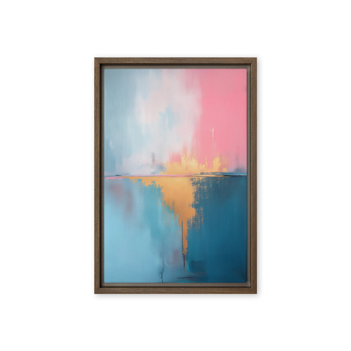 Pink and pale blue abstract colour fields above deep teal with a gold-toned central reflection, brown frame, 12″×18″ front view