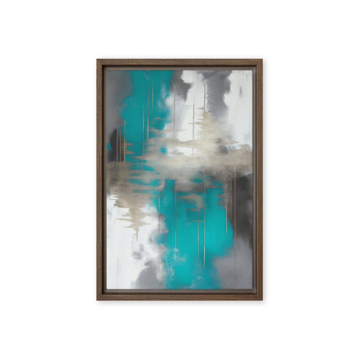 Teal and grey abstract brushwork crossed by muted gold-toned horizontal marks, front view with brown frame, 12″×18″ nominal canvas