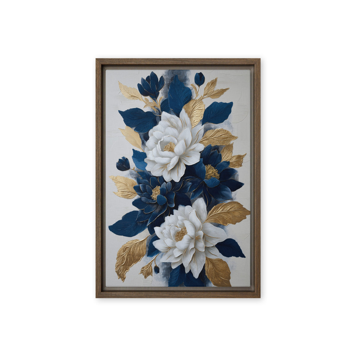 White and navy flowers with gold-toned leaves on a pale background, front view with brown frame, 12″×18″ nominal canvas