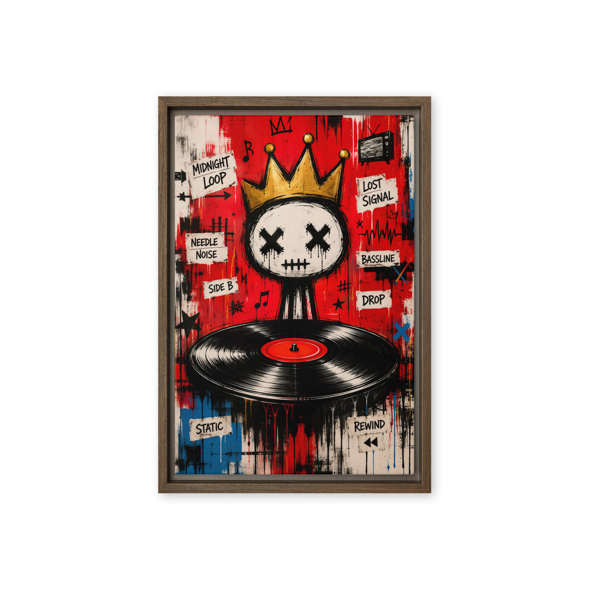 Crowned skull above a black vinyl record in a red and blue graffiti collage, front view with brown frame, 12″×18″ nominal canvas