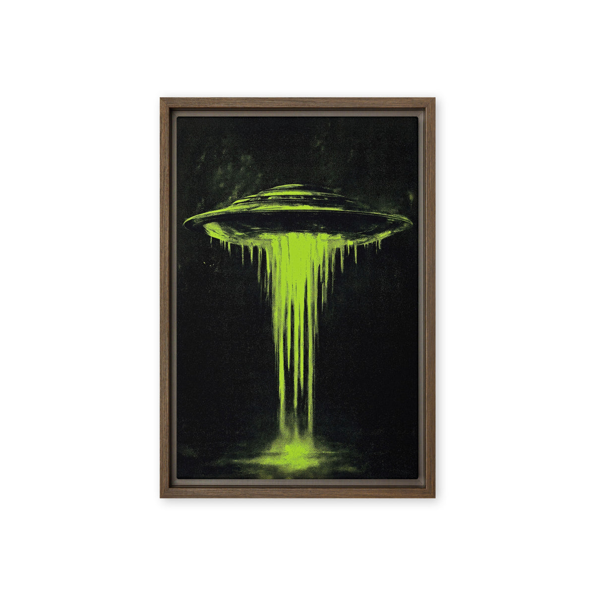 Lime green flying saucer with a dripping beam against black, front view with brown frame, 12″×18″ nominal canvas