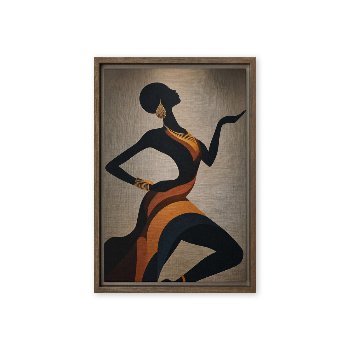 Stylised black female silhouette in orange drapery on a warm grey ground, front view with brown frame, 12″×18″ nominal canvas