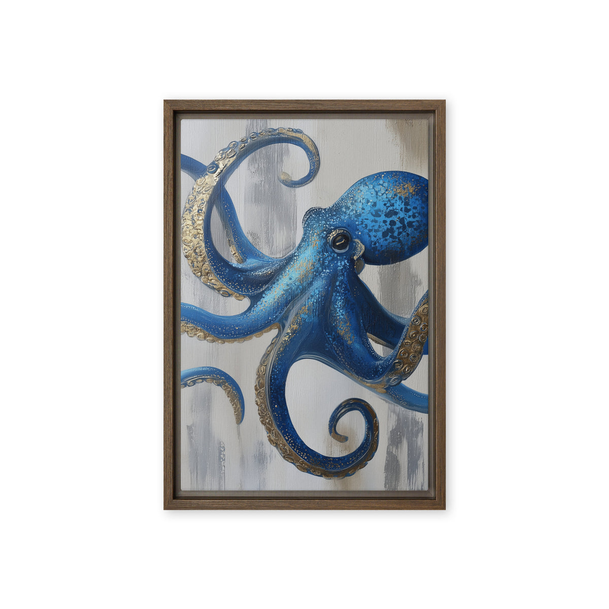 Blue octopus with curling gold-detailed tentacles on pale grey, front view with brown frame, 12″×18″ nominal canvas