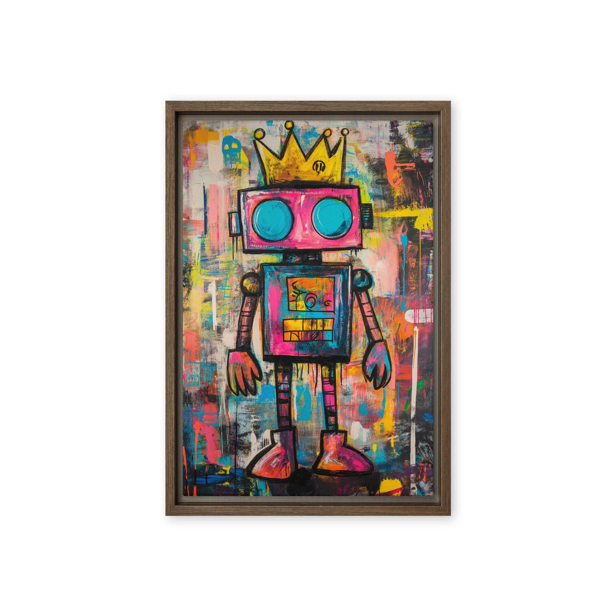 Pink crowned robot with turquoise round eyes against multicoloured graffiti, brown frame front view, 12 × 18 in nominal width × height
