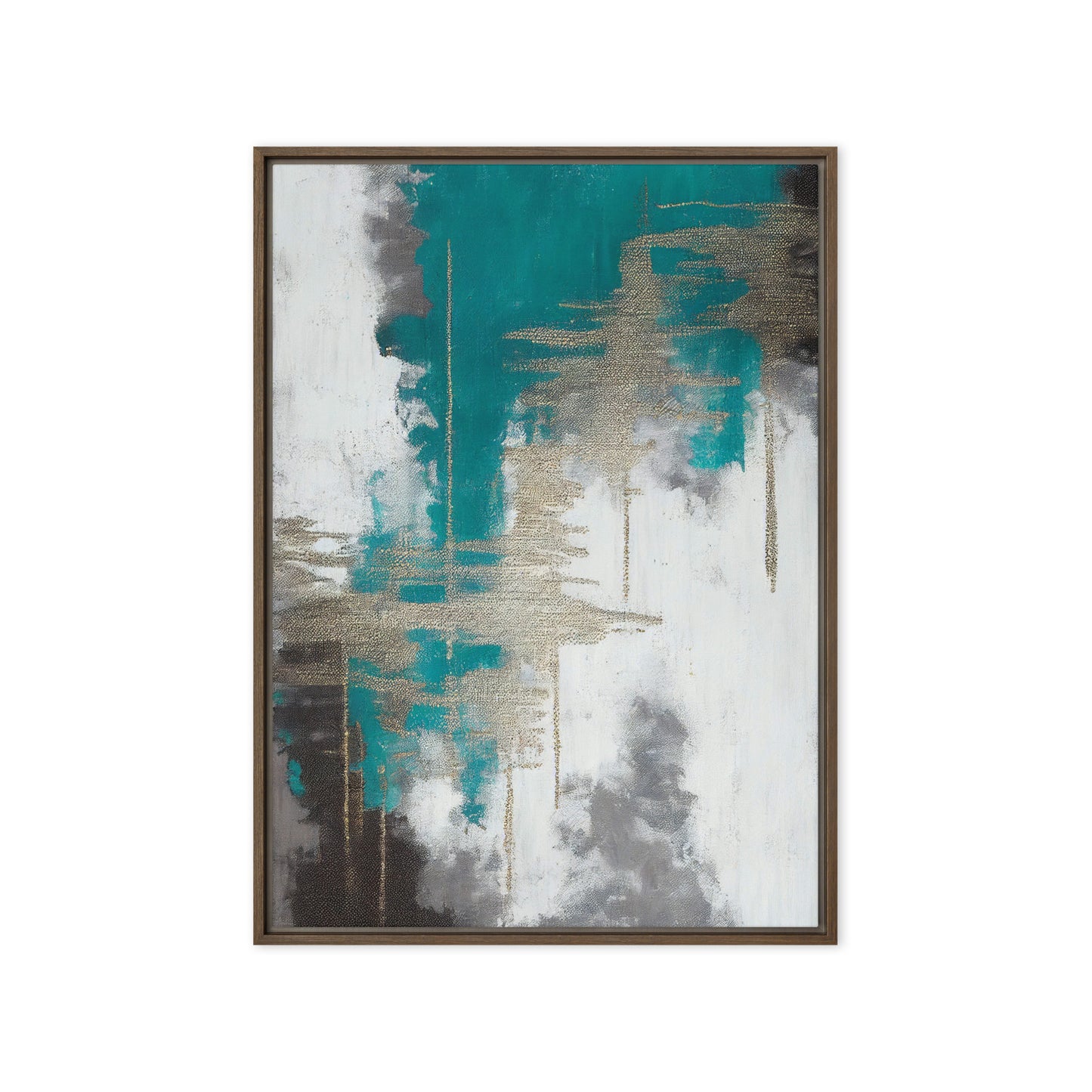 Teal White Grey Silver Modern Art Framed Canvas