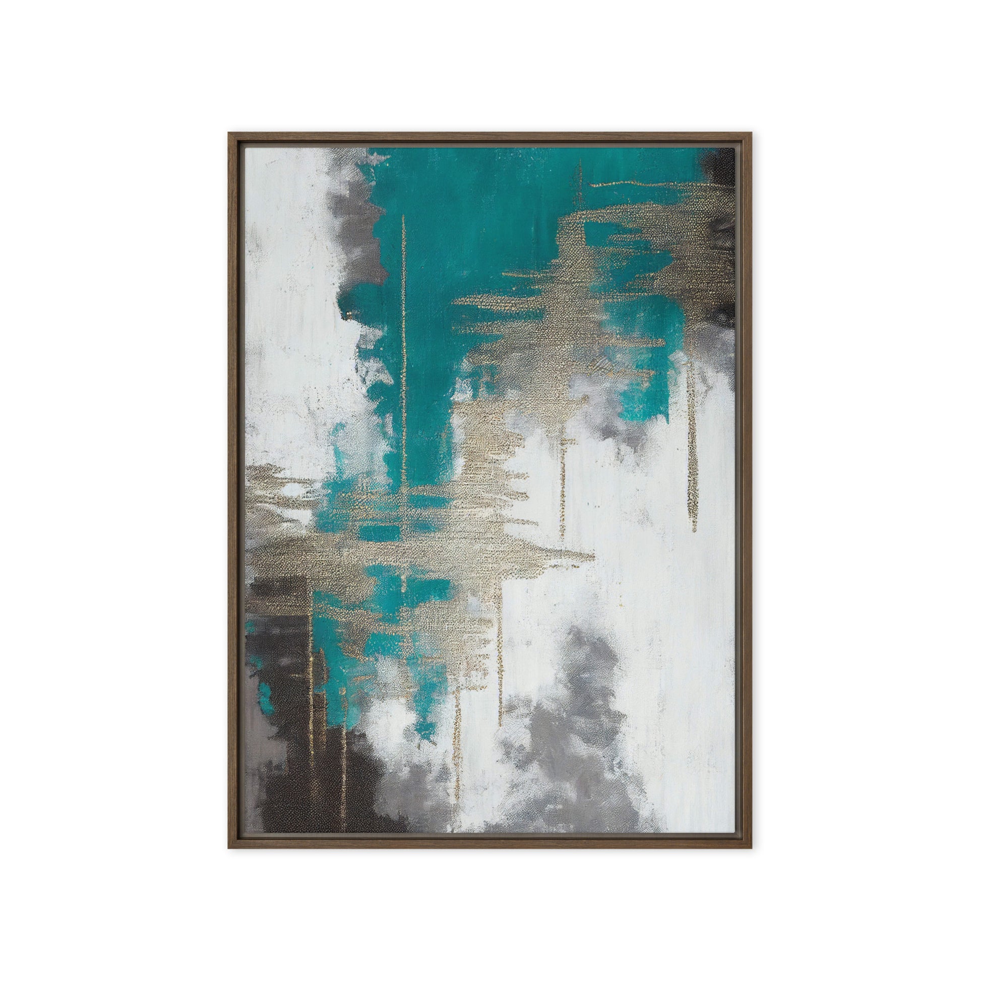 Teal White Grey Silver Modern Art Framed Canvas