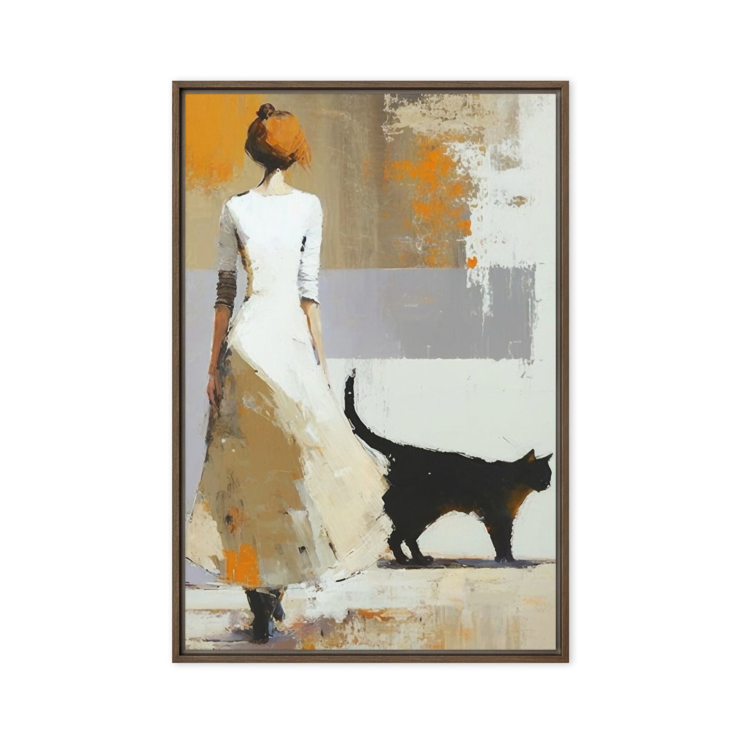 Woman with Black Cat Modern Art Framed Canvas