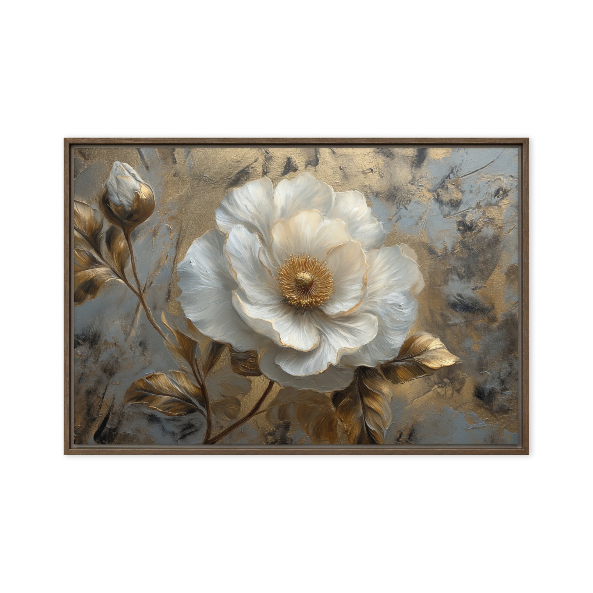 White and Gold Flowers Floral Art Framed Canvas