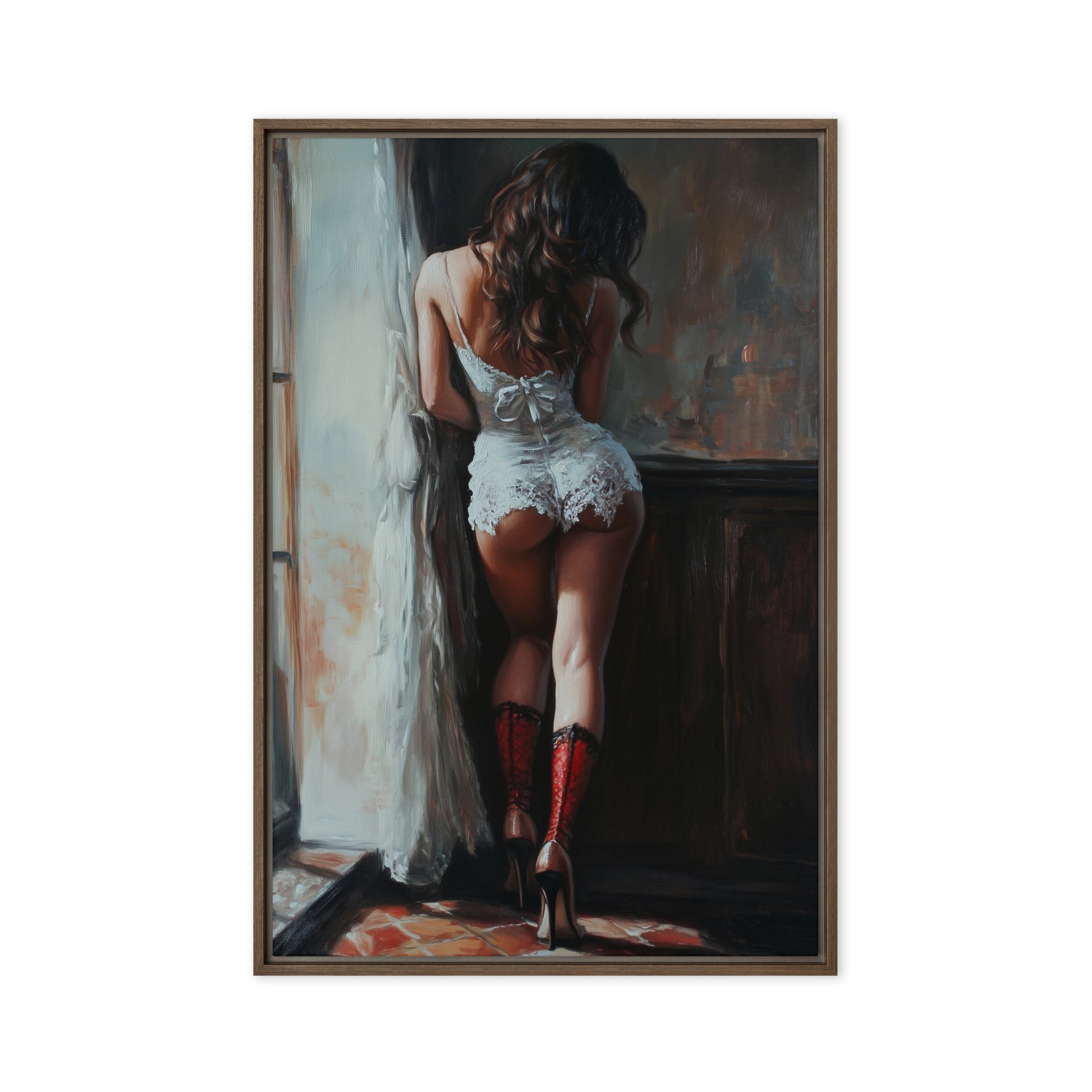 Woman In Lingerie Sensual Art Framed Canvas - PaintFu