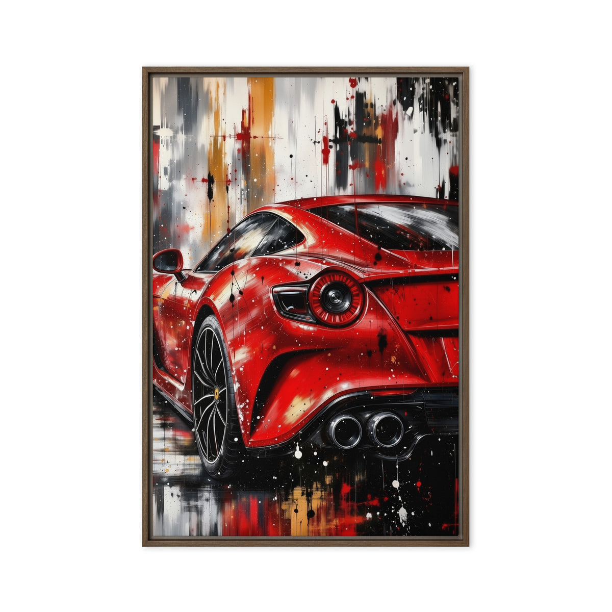 Red sports car with black, white and ochre street-art brushwork, 20 x 30 inch canvas in a brown frame