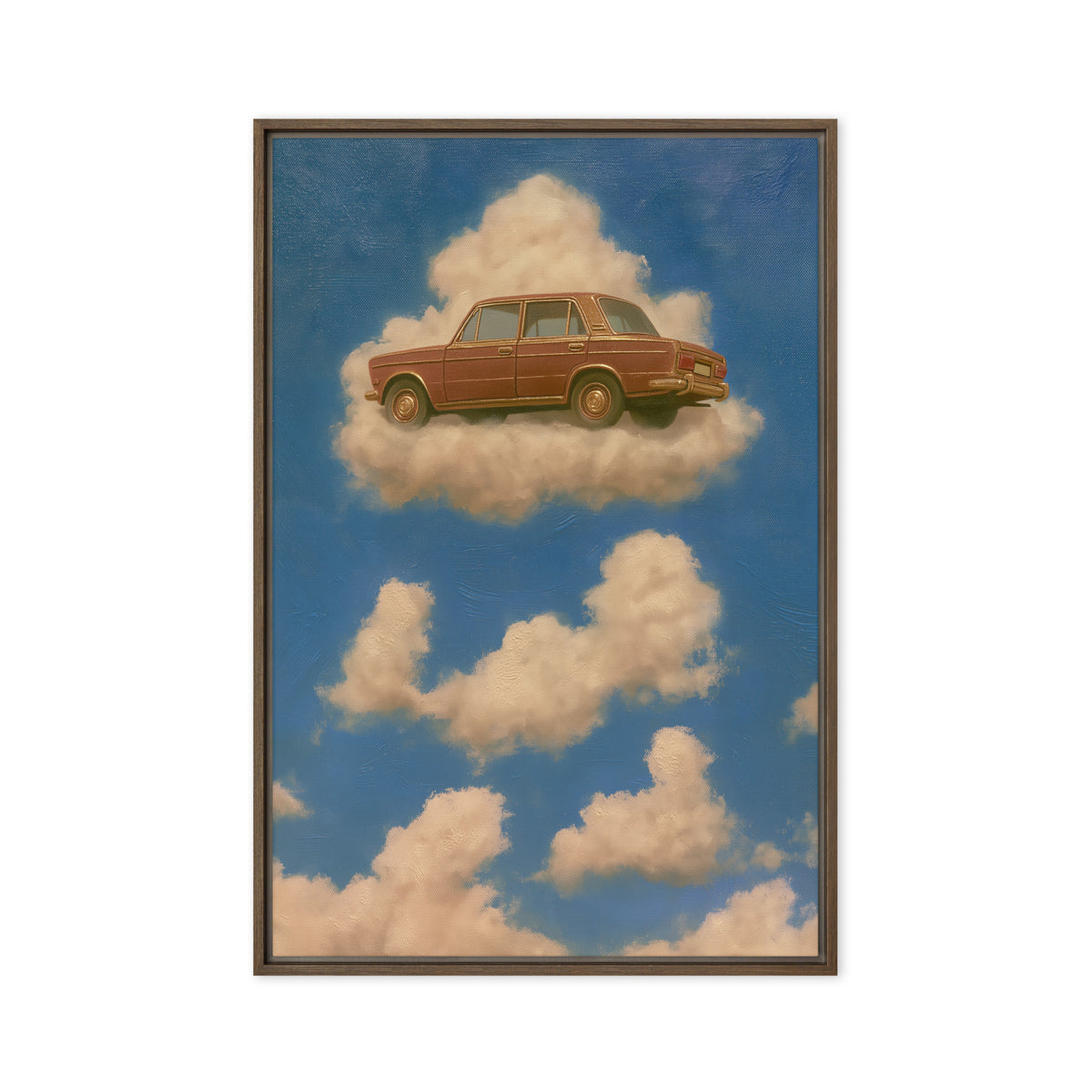 A rust-brown vintage sedan floats on a cream cloud in a blue sky; front view in a brown frame, 20 x 30 in canvas