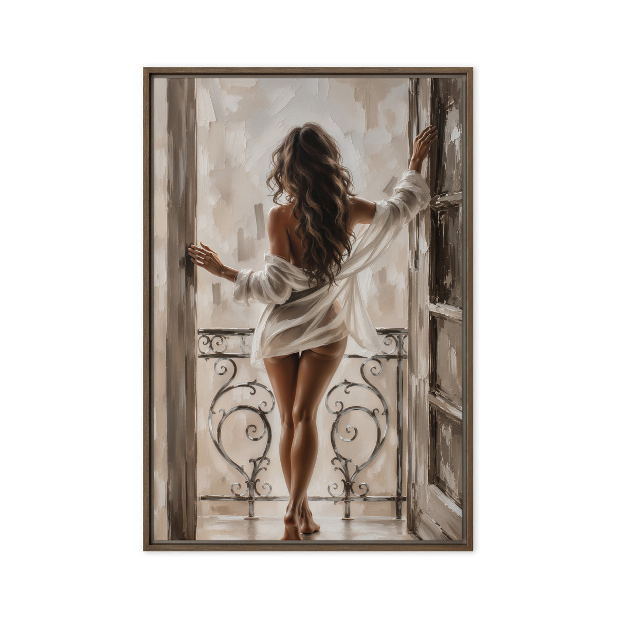 A brunette woman seen from behind stands at an open balcony doorway in a loosely draped white shirt; front view in a brown frame, 20 x 30 in canvas