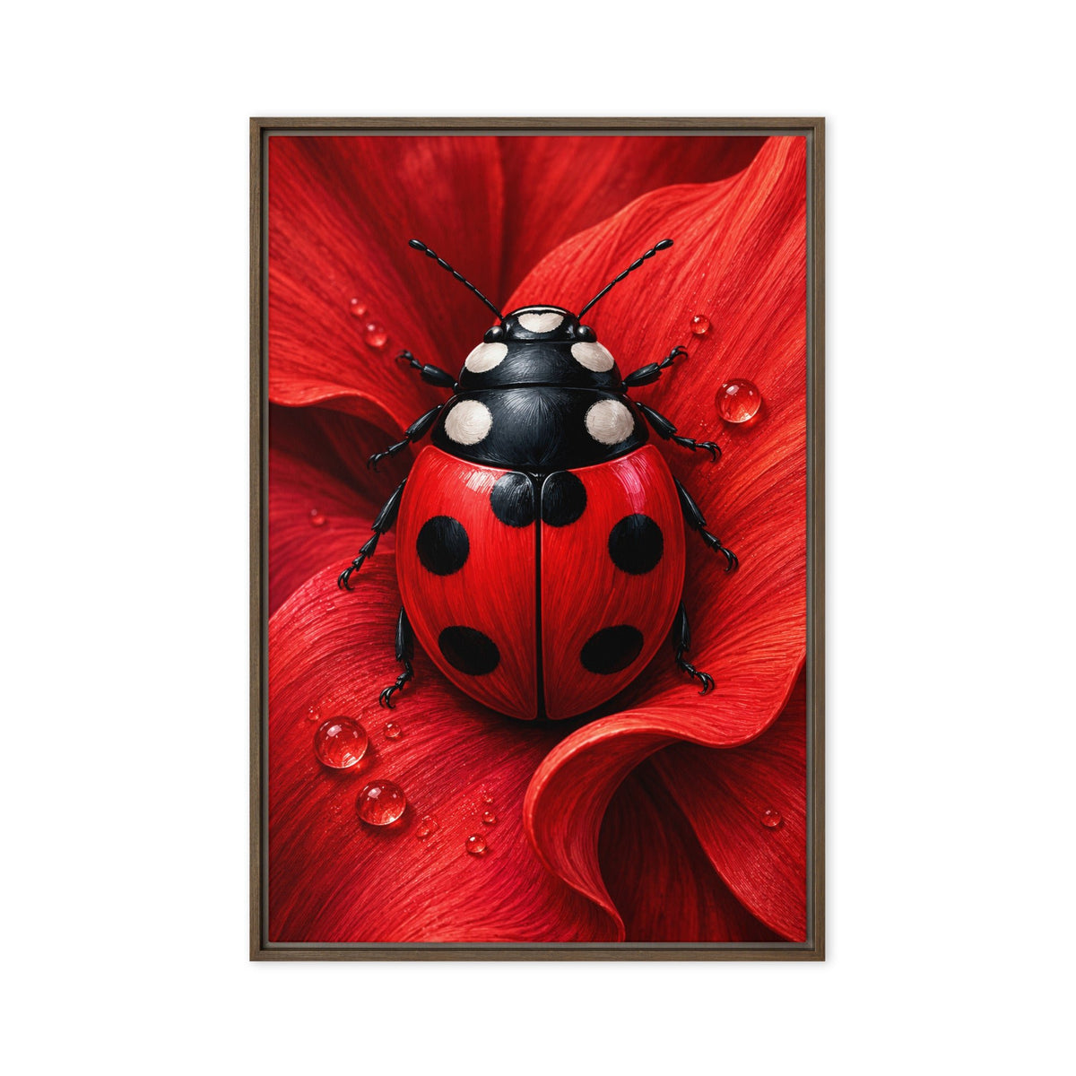 A red and black ladybug rests on a curled red flower petal dotted with water droplets; front view in a brown frame, 20 x 30 in canvas