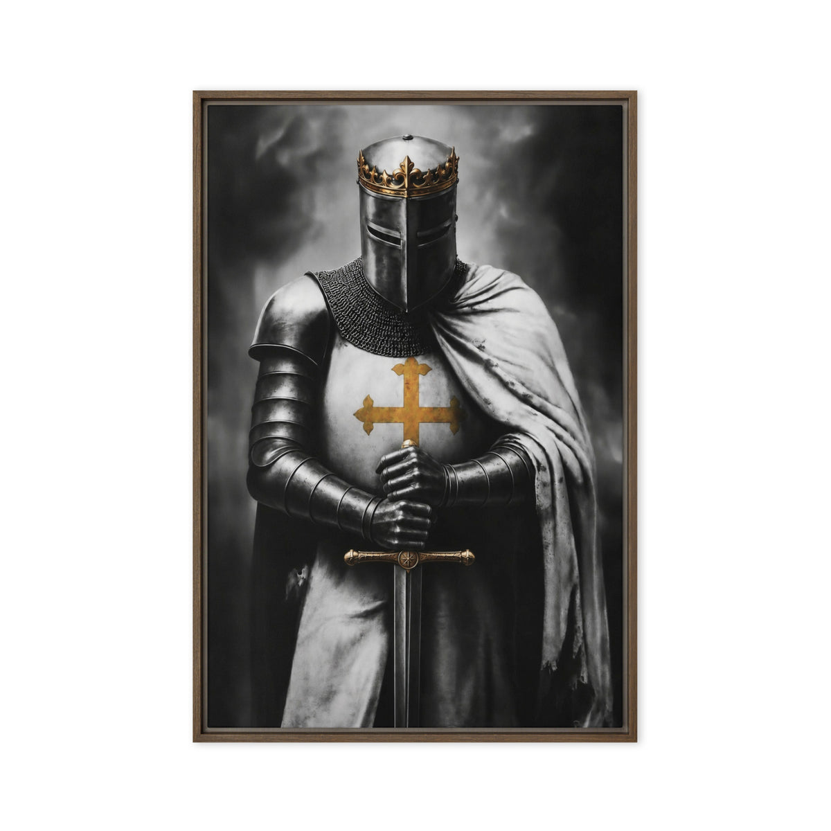 A crowned knight in dark armour, a white cloak and a gold cross holds an upright sword; front view in a brown frame, 20 x 30 in canvas