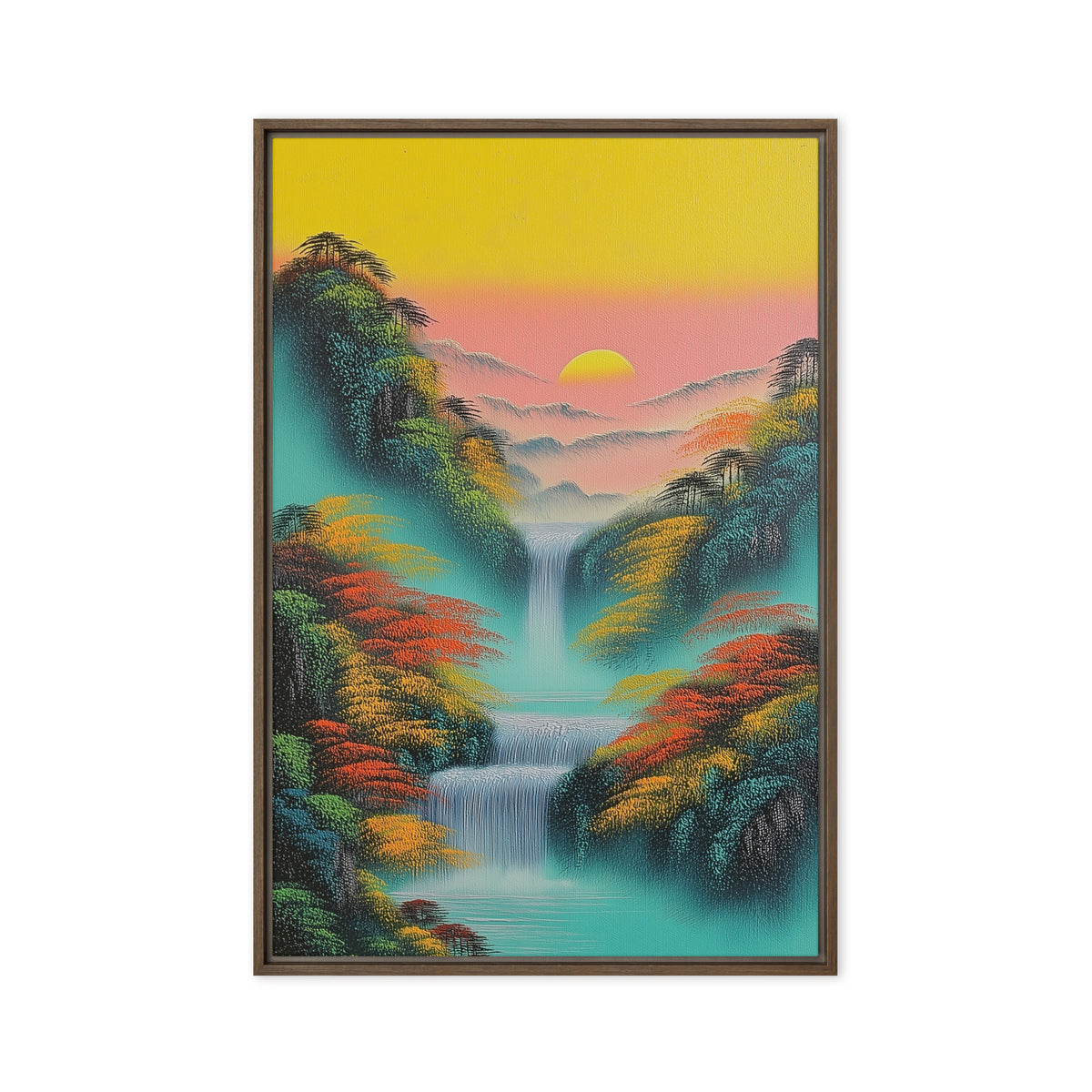 Teal waterfalls between orange-green trees beneath a pink-and-yellow sky and distant sun, brown frame, 20″×30″ front view