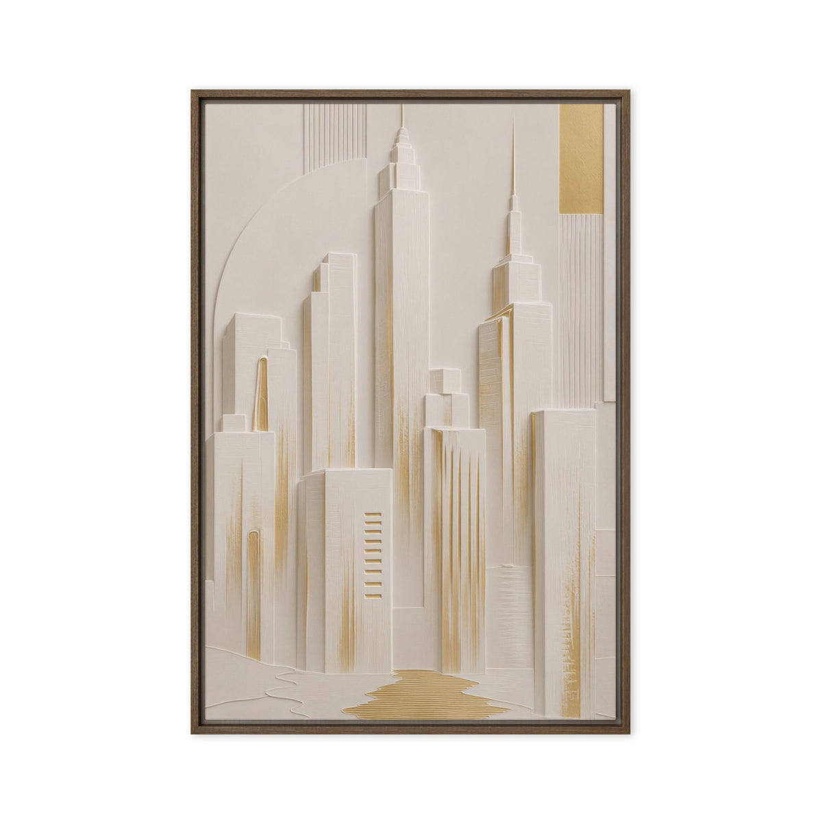 Stylised ivory Manhattan skyline with slender towers, pale shadows and gold-coloured accents, brown frame, 20″×30″ front view