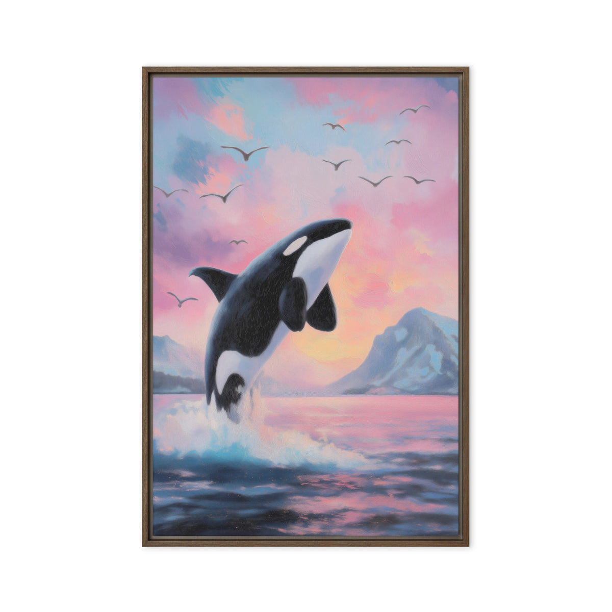 Leaping black-and-white orca above blue waves beneath a pink sunset sky, brown frame, 20″×30″ front view