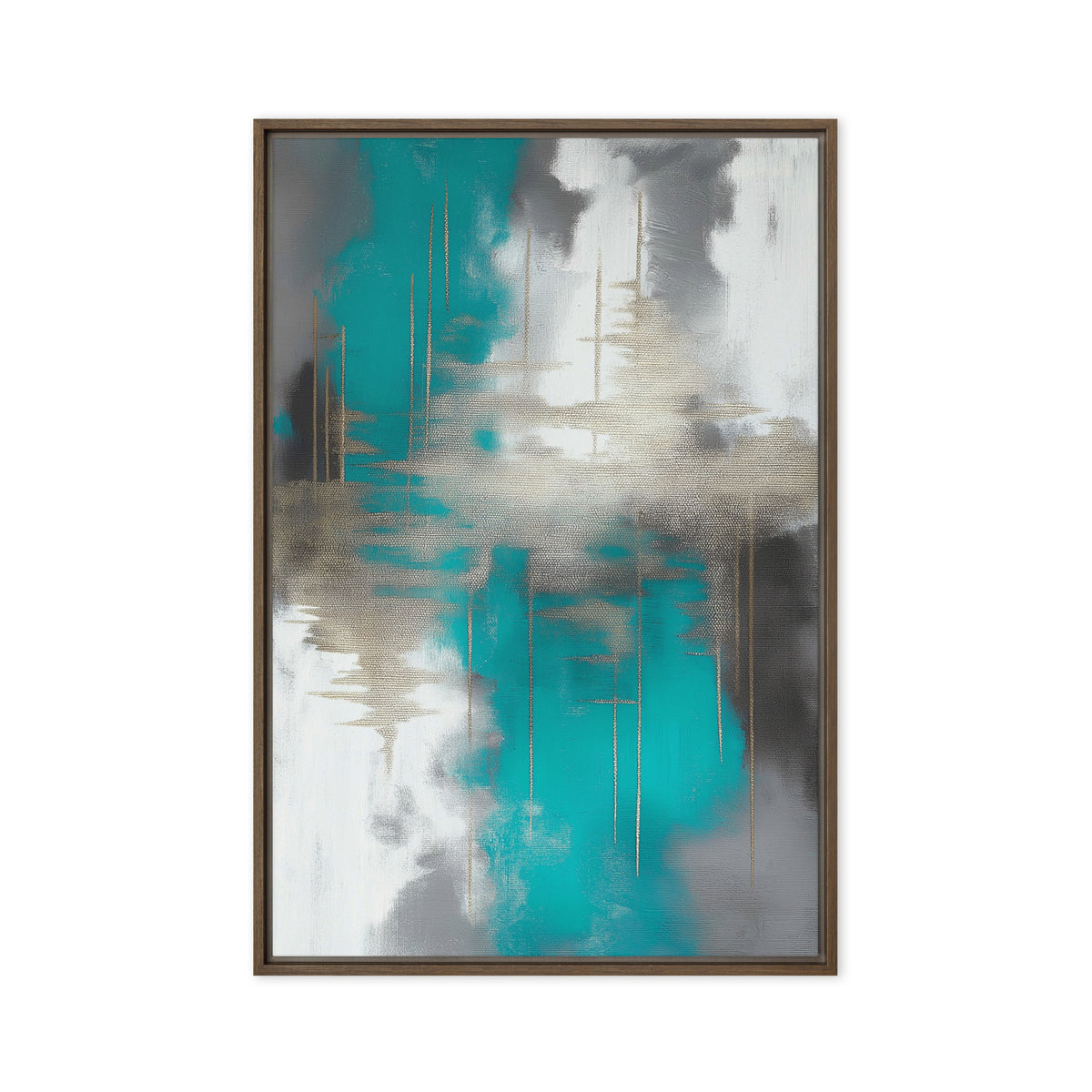 Teal and grey abstract brushwork crossed by muted gold-toned horizontal marks, front view with brown frame, 20″×30″ nominal canvas