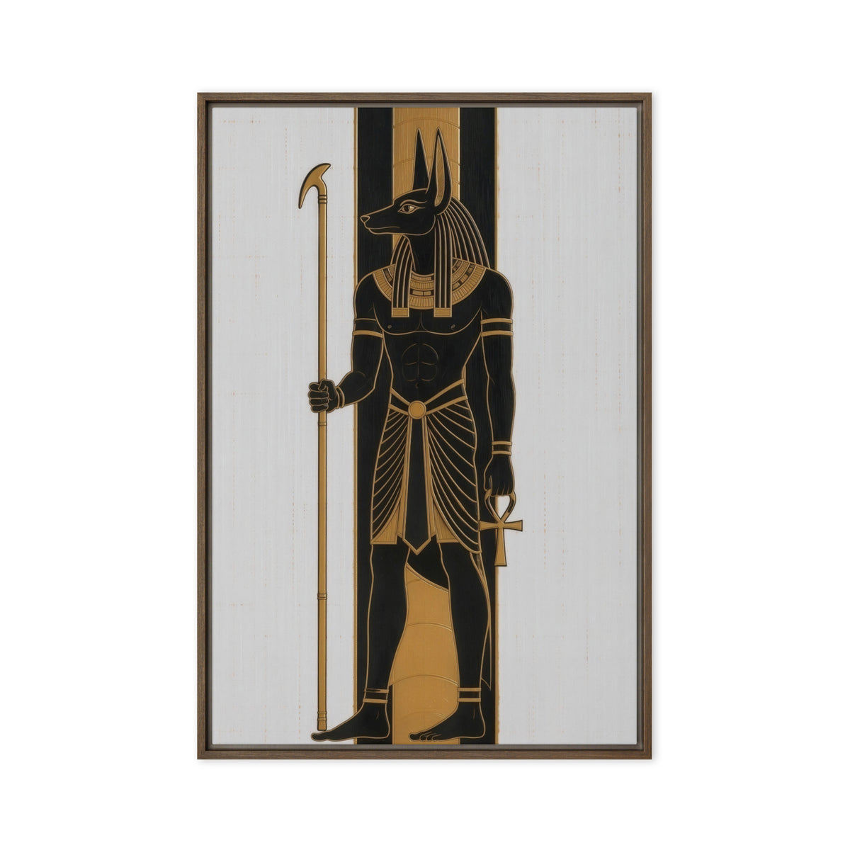 Black and gold Anubis figure holding a staff against pale vertical panels, front view with brown frame, 20″×30″ nominal canvas