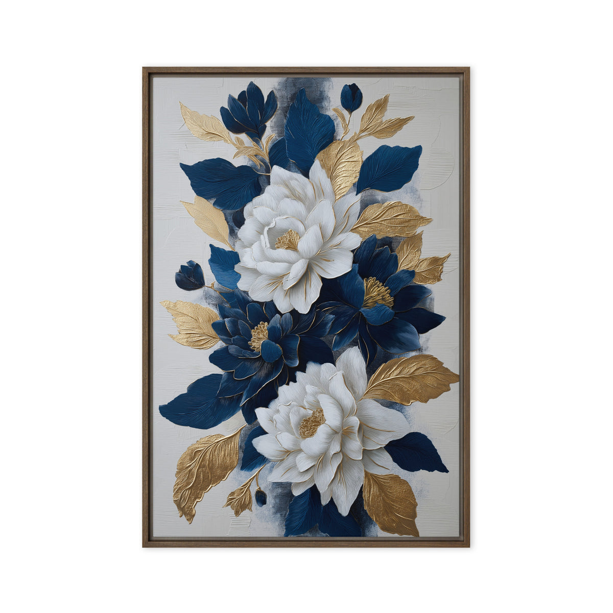 White and navy flowers with gold-toned leaves on a pale background, front view with brown frame, 20″×30″ nominal canvas