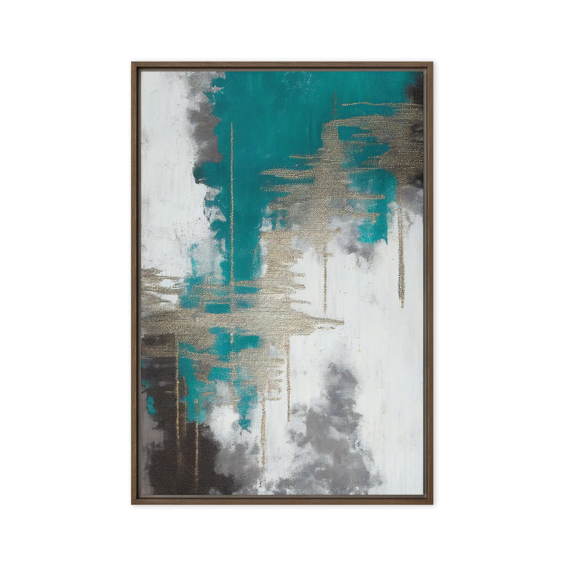 Teal White Grey Silver Modern Art Framed Canvas