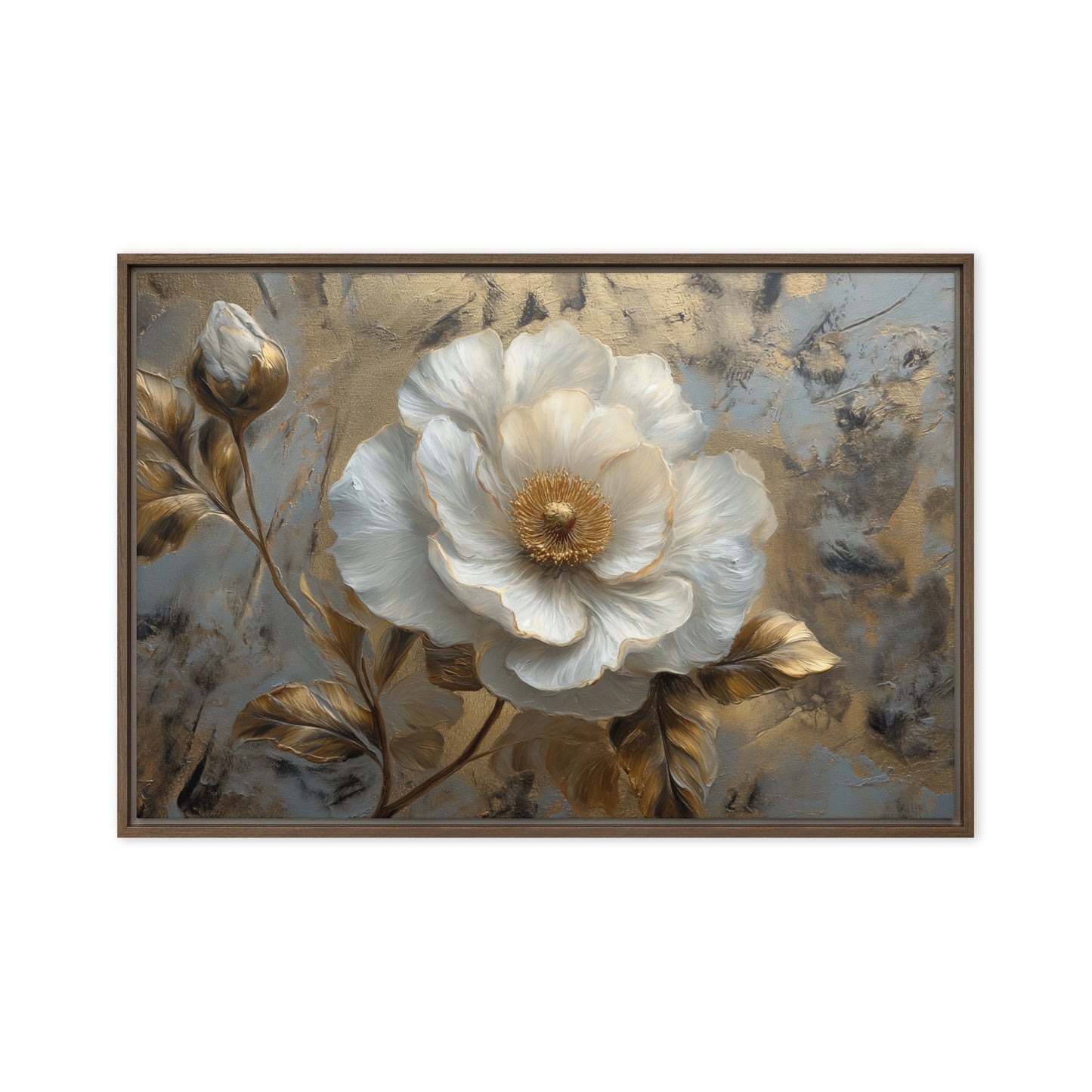 White and Gold Flowers Floral Art Framed Canvas