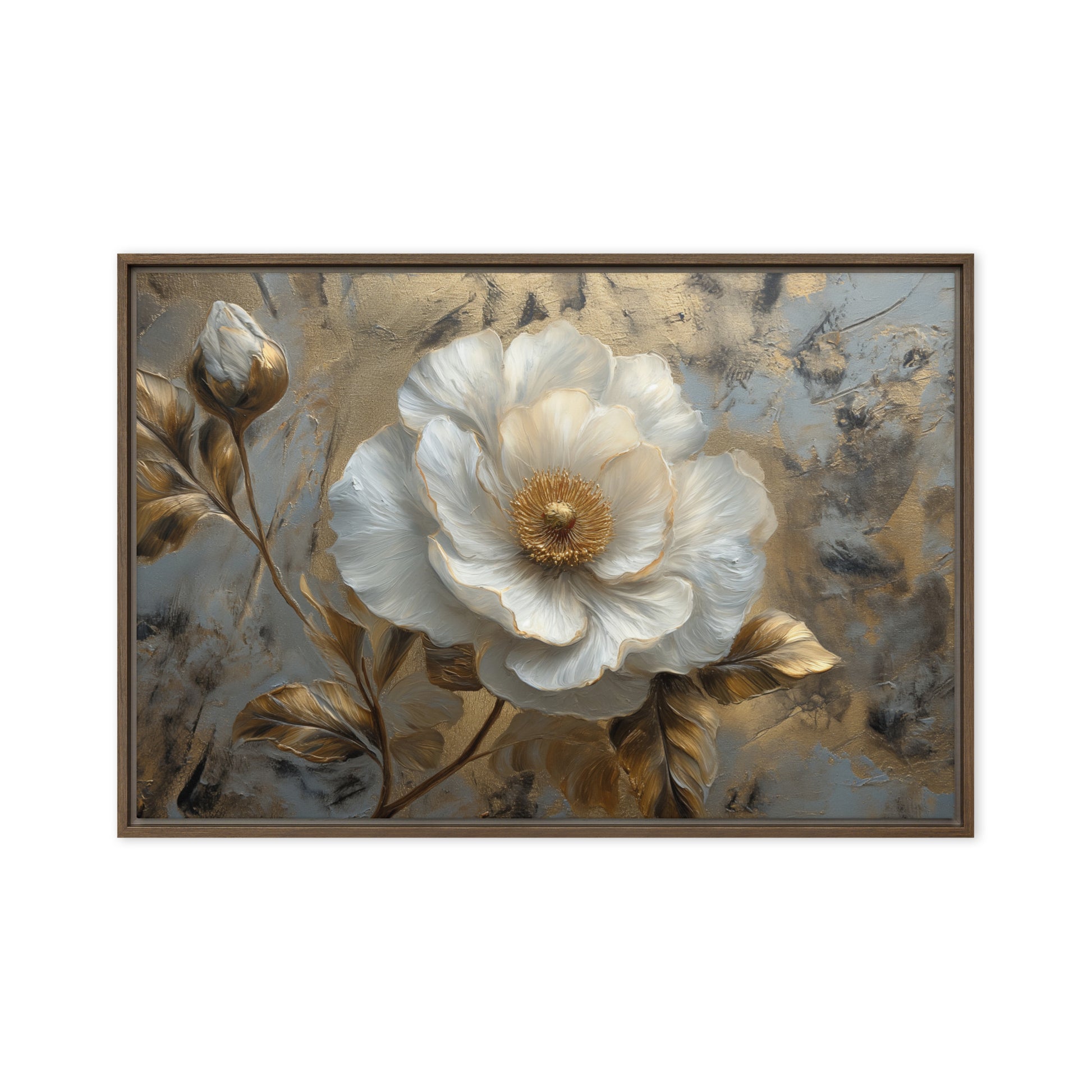 White and Gold Flowers Floral Art Framed Canvas