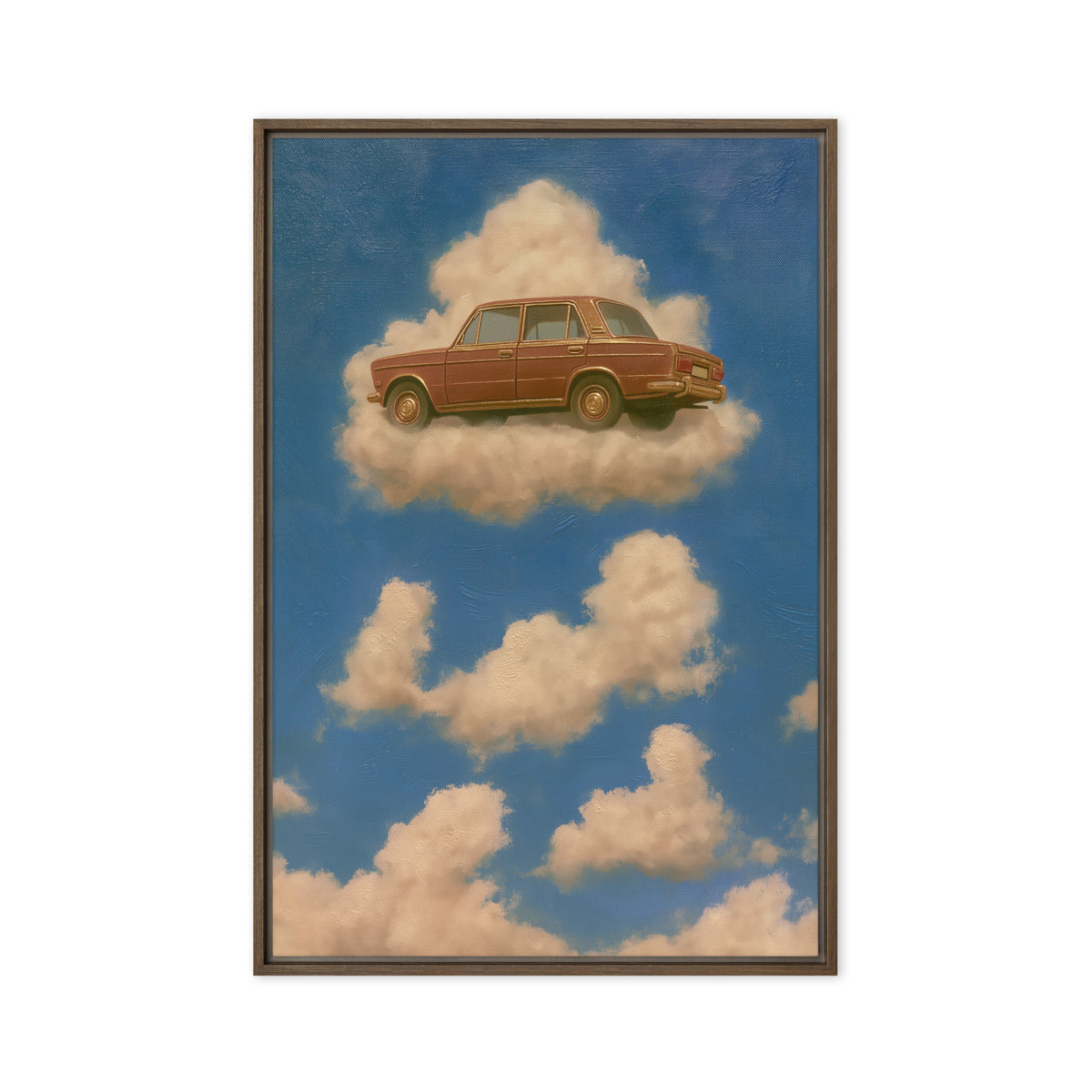 A rust-brown vintage sedan floats on a cream cloud in a blue sky; front view in a brown frame, 24 x 36 in canvas