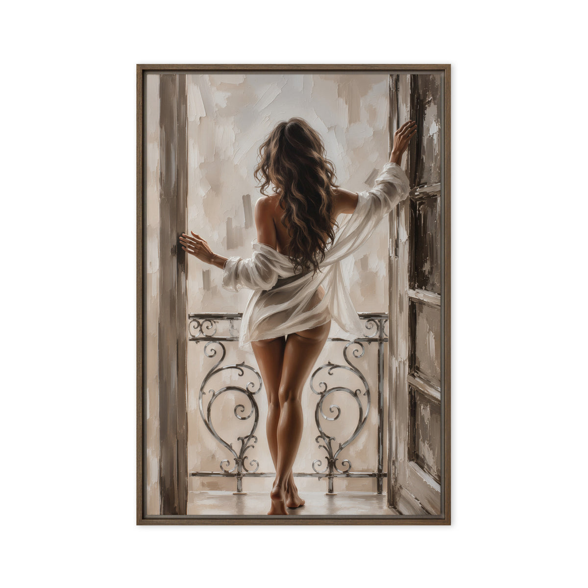A brunette woman seen from behind stands at an open balcony doorway in a loosely draped white shirt; front view in a brown frame, 24 x 36 in canvas