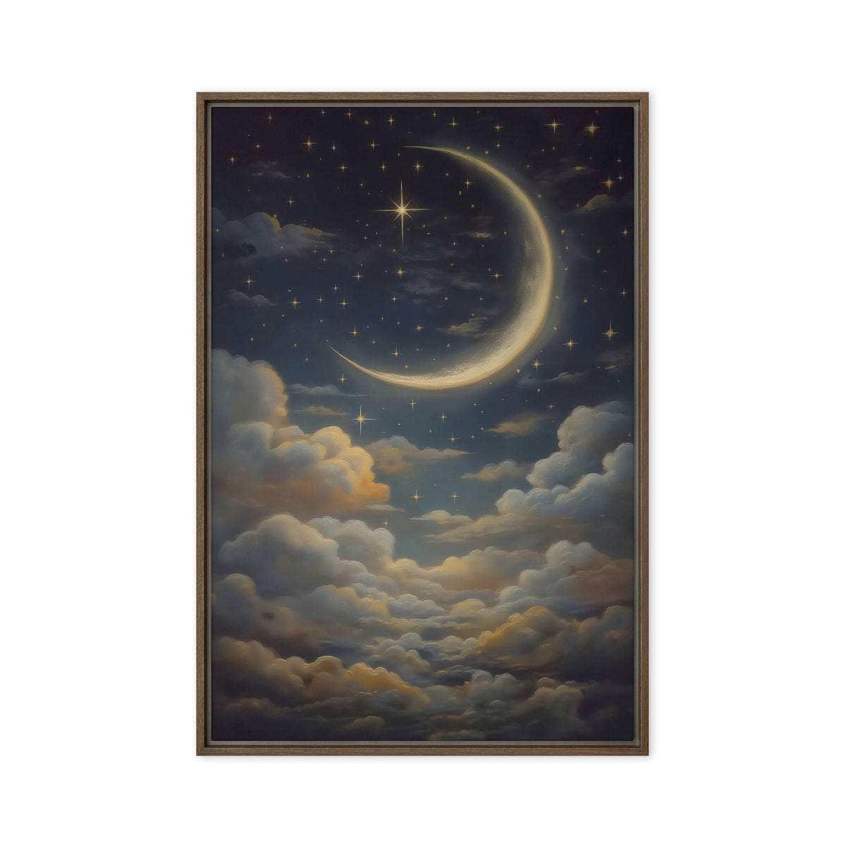 A golden crescent moon and small stars hang above layered clouds in a midnight-blue sky; front view in a brown frame, 24 x 36 in canvas