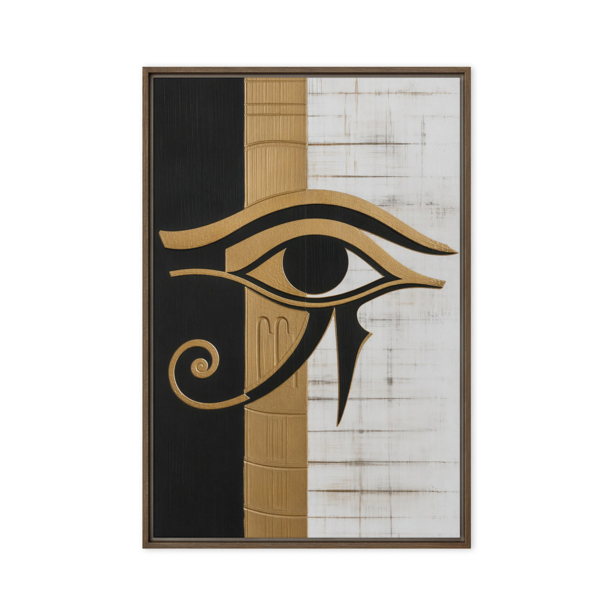 A black and gold-toned Eye of Horus crosses vertical black, gold and white panels; front view in a brown frame, 24 x 36 in canvas