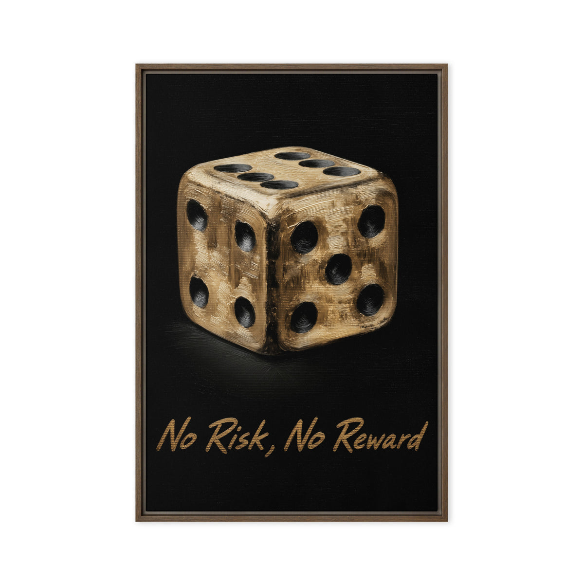 Gold-toned die and No Risk, No Reward lettering on black, brown frame front view, 24″×36″ nominal width by height