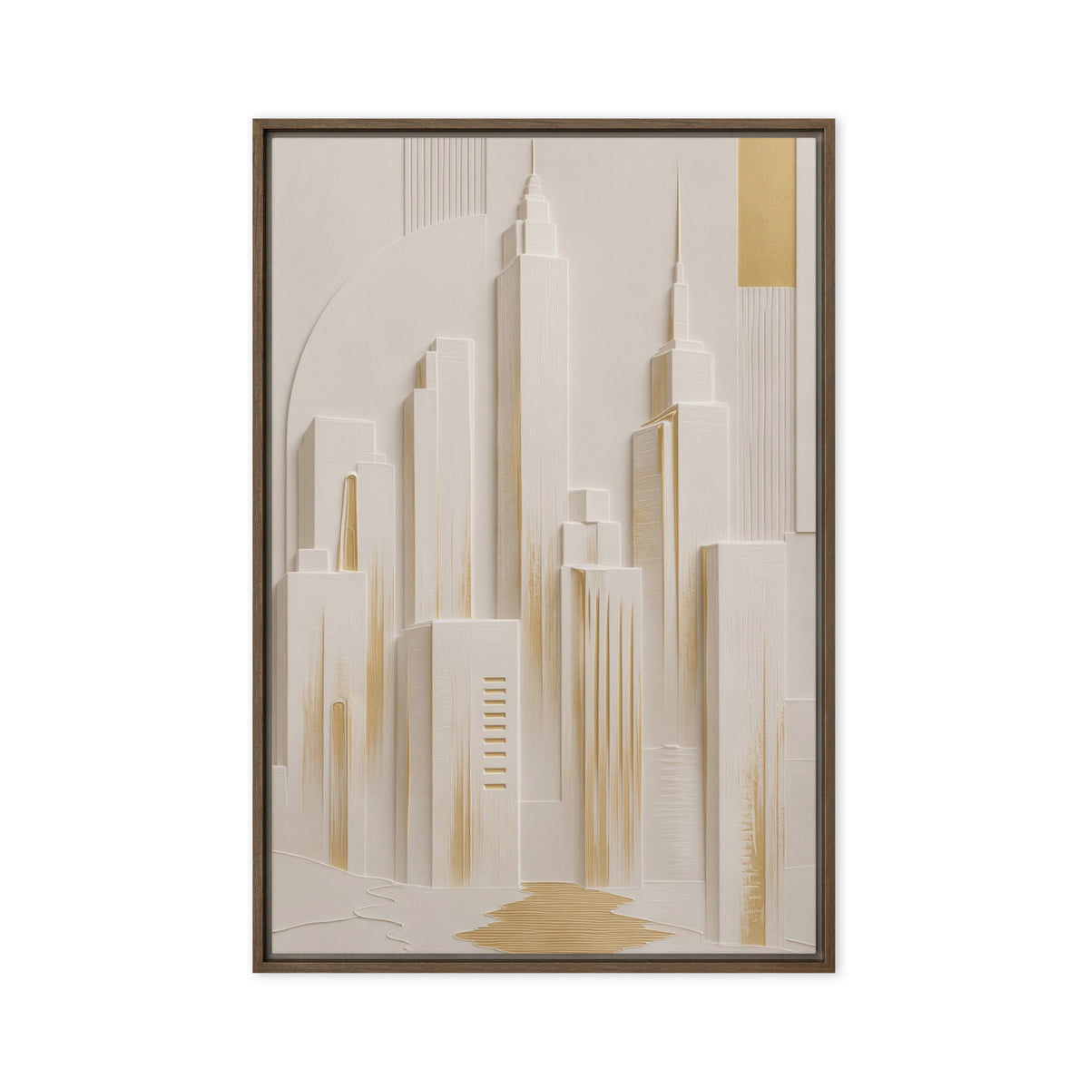 Stylised ivory Manhattan skyline with slender towers, pale shadows and gold-coloured accents, brown frame, 24″×36″ front view
