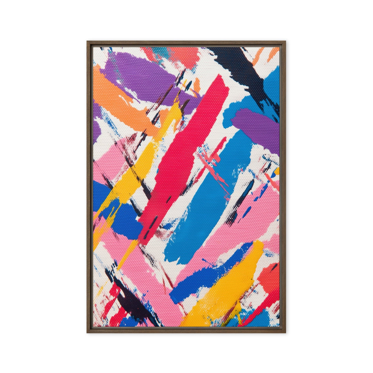 Overlapping pink, blue, red, yellow and purple diagonal brushstrokes with white and dark marks, brown frame, 24″×36″ front view