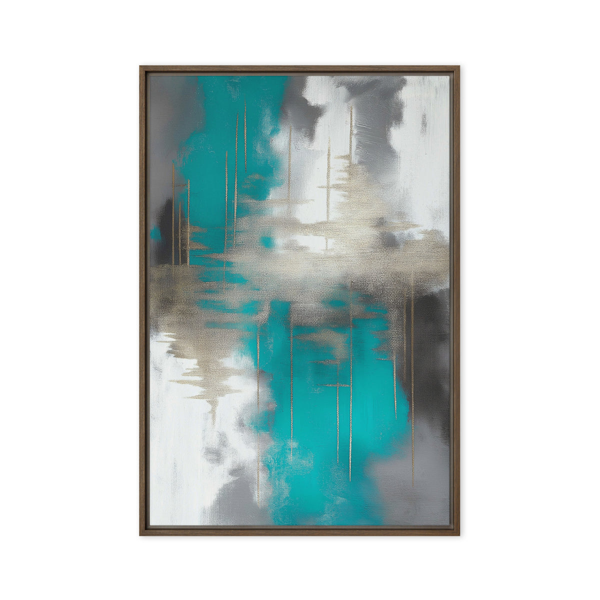 Teal and grey abstract brushwork crossed by muted gold-toned horizontal marks, front view with brown frame, 24″×36″ nominal canvas