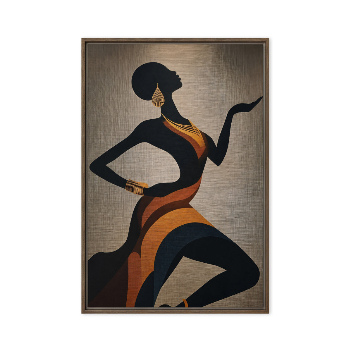 Stylised black female silhouette in orange drapery on a warm grey ground, front view with brown frame, 24″×36″ nominal canvas