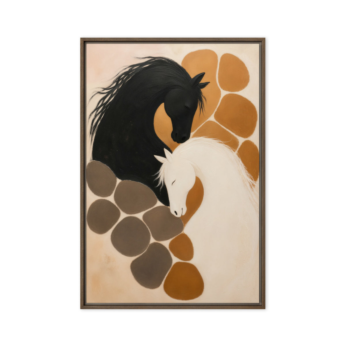 Black and white horses with lowered heads among ochre and taupe shapes on cream, brown frame front view, 24 × 36 in nominal width × height